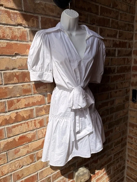 TCEC Poplin Collared Short Sleeve Tiered Mini Dress with Puff Sleeves size Large - Picture 4 of 8